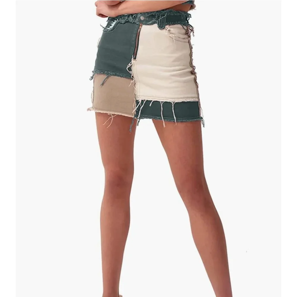Sexy Green Colorblock Patchwork Denim Distressed Ripped Mini Bodycon Jean Skirt - Picture 4 of 6